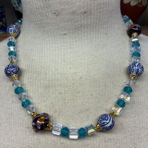 Elegant Blue  wedding cake porcelain Japan beads , Gold Beaded Necklace